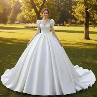 Puffy Lantern 3/4 Sleeve Ballgown Bridal Wedding Dresses - Rosymae