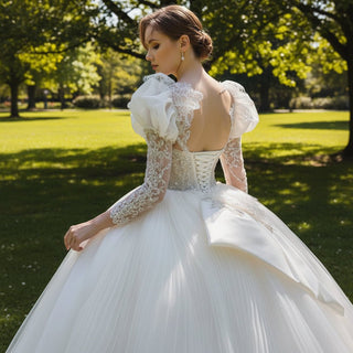 Puffy Lantern 3/4 Sleeve Ballgown Bridal Wedding Dresses - Rosymae
