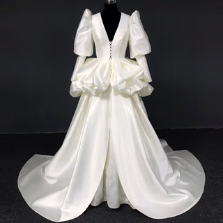 Ruching Satin Ball Gown Wedding Dress With Lantern Sleeves
