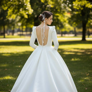 Puffy Long Sleeve A-line Bridal Wedding Dress with Deep V-neck - Rosymae