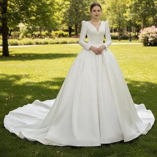 Puffy Long Sleeve A-line Bridal Wedding Dress with Deep V-neck - Rosymae