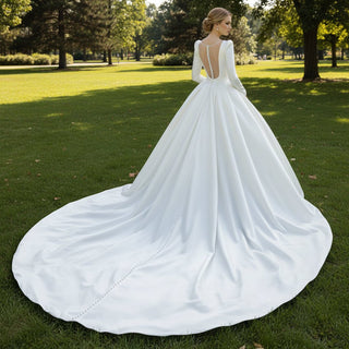 Puffy Long Sleeve A-line Bridal Wedding Dress with Deep V-neck - Rosymae