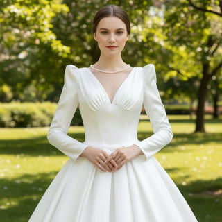 Puffy Long Sleeve A-line Bridal Wedding Dress with Deep V-neck - Rosymae