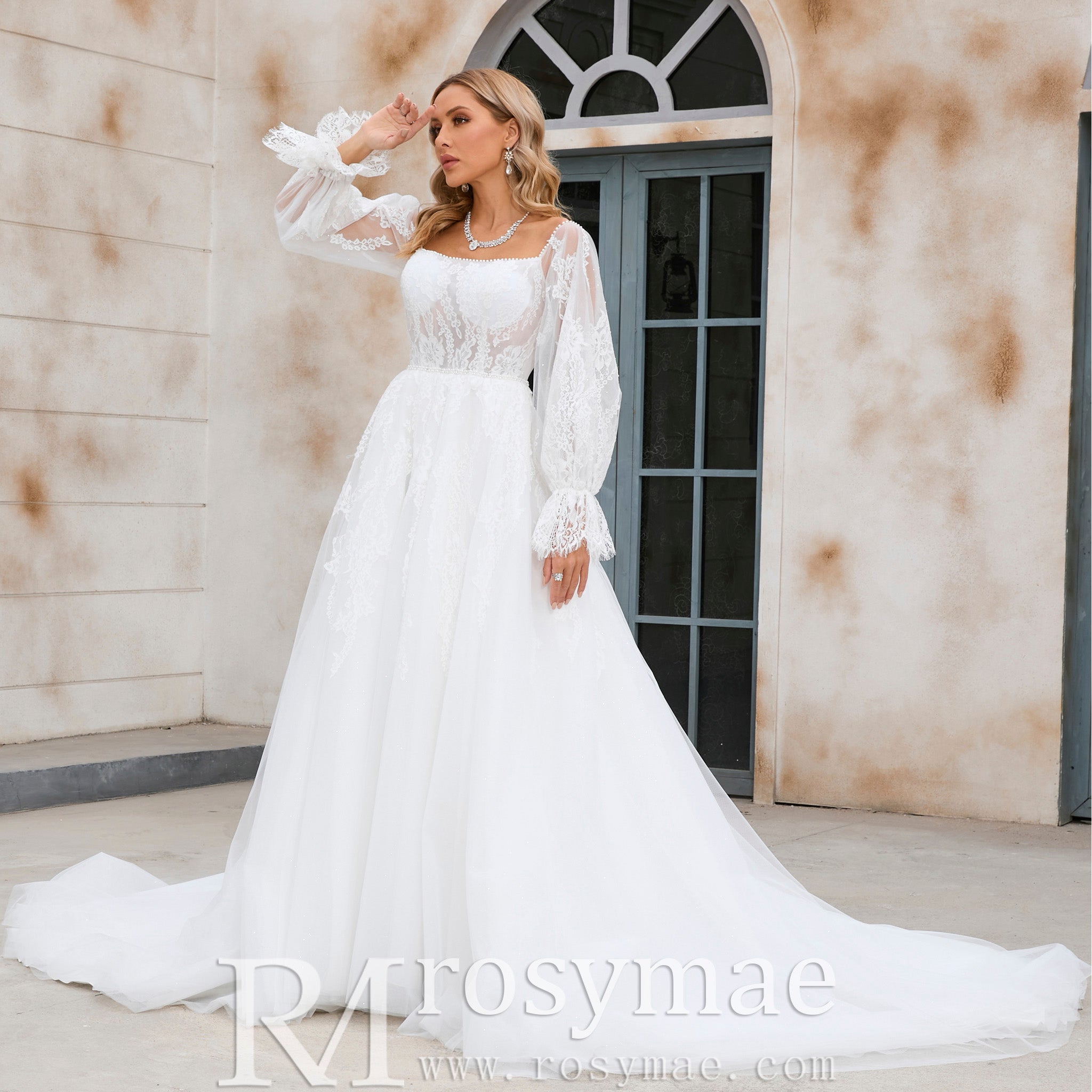Off The Shoulder Puffy Long Sleeve Wedding Dress Bridal Gown Ivory / 30W Off The Shoulder Puffy Long Sleeve Wedding Dress Bridal Gown Ivory / 30W