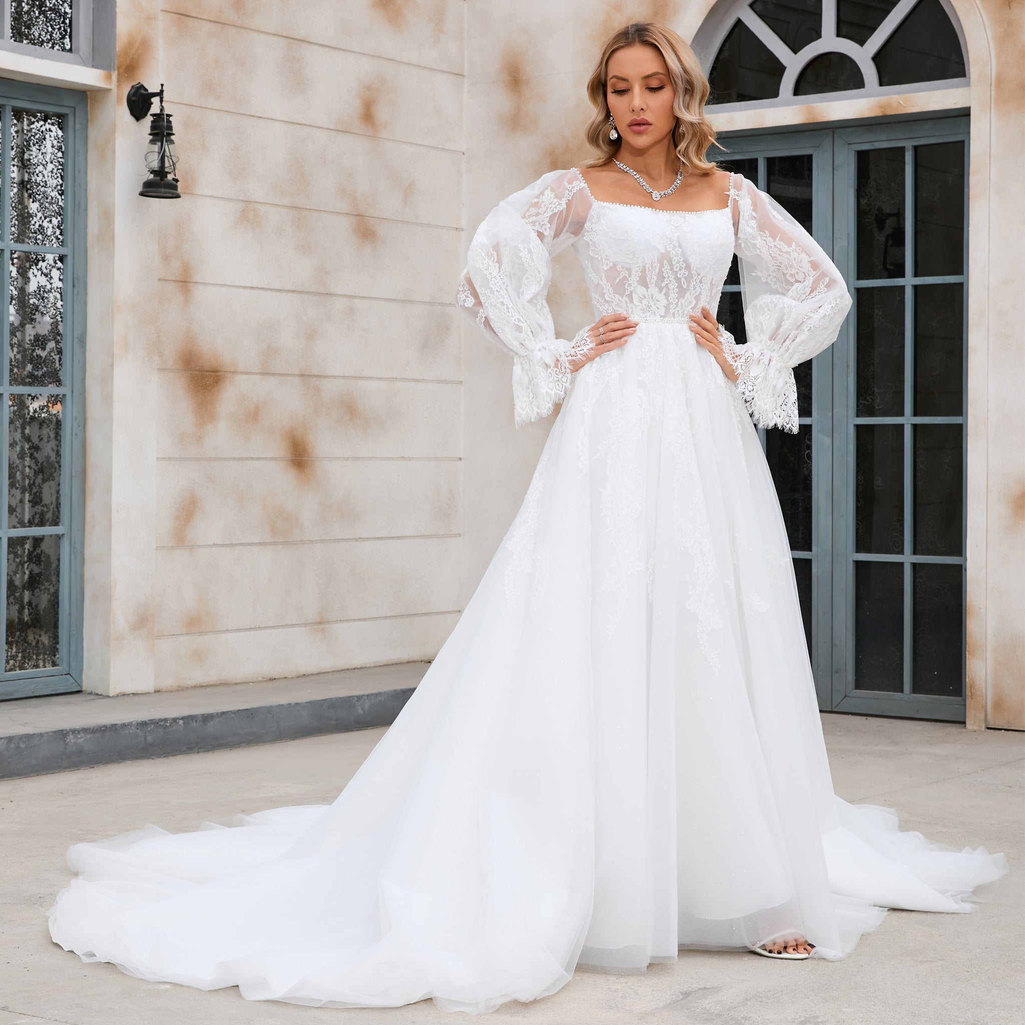 Off The Shoulder Puffy Long Sleeve Wedding Dress Bridal Gown Ivory / 30W Off The Shoulder Puffy Long Sleeve Wedding Dress Bridal Gown Ivory / 30W