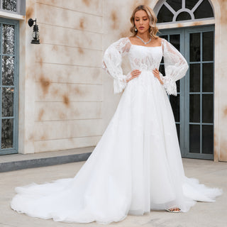 In Stock and Ready To Ship Off The Shoulder Puffy Long Sleeve Wedding Dress Bridal Gown