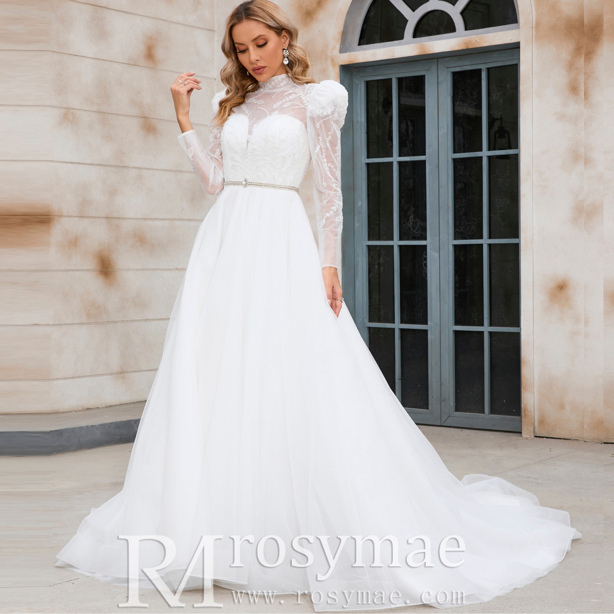 Puff Sleeve Wedding Dresses & Gowns with High Sheer Neck and Back Ivory / 20W Puff Sleeve Wedding Dresses & Gowns with High Sheer Neck and Back Ivory / 20W