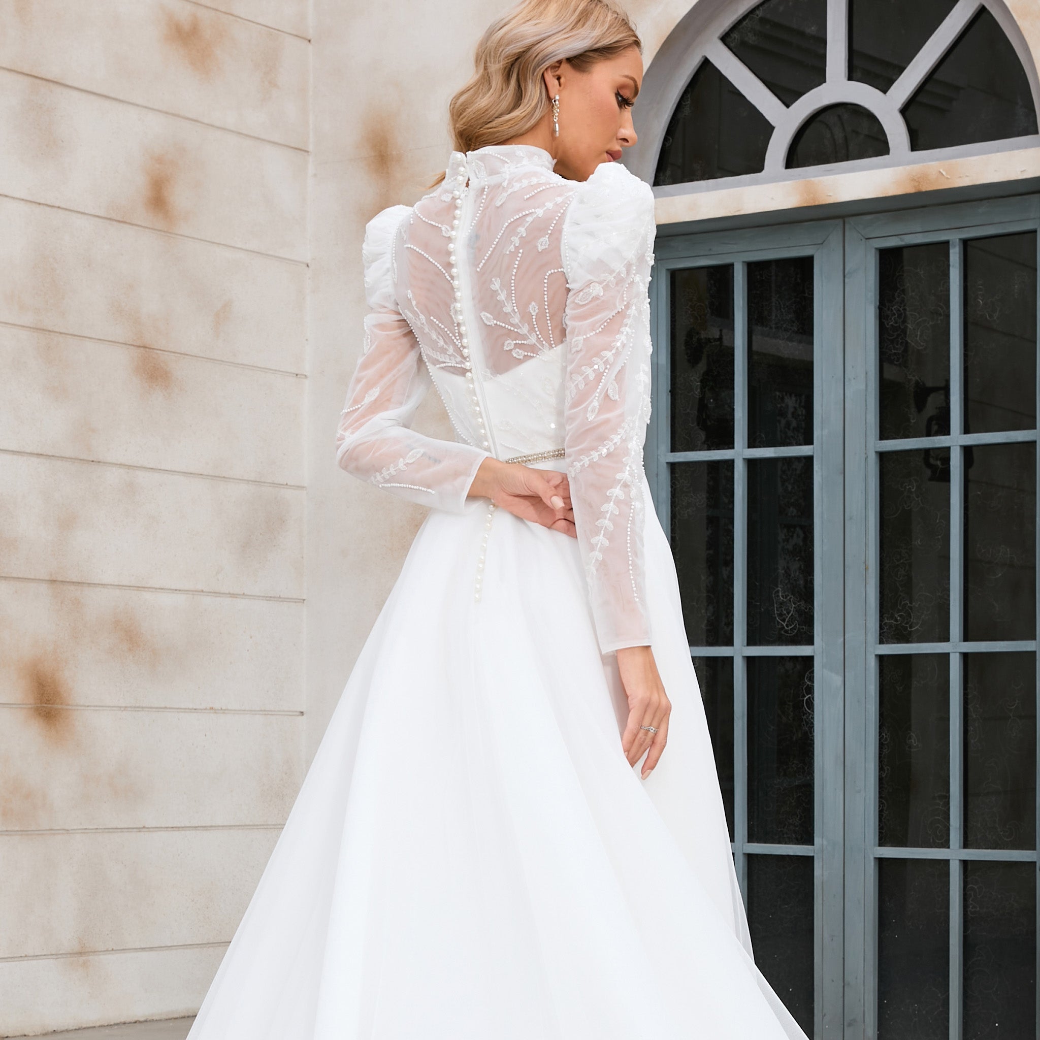Puff Sleeve Wedding Dresses & Gowns with High Sheer Neck and Back Ivory / 20W Puff Sleeve Wedding Dresses & Gowns with High Sheer Neck and Back Ivory / 20W