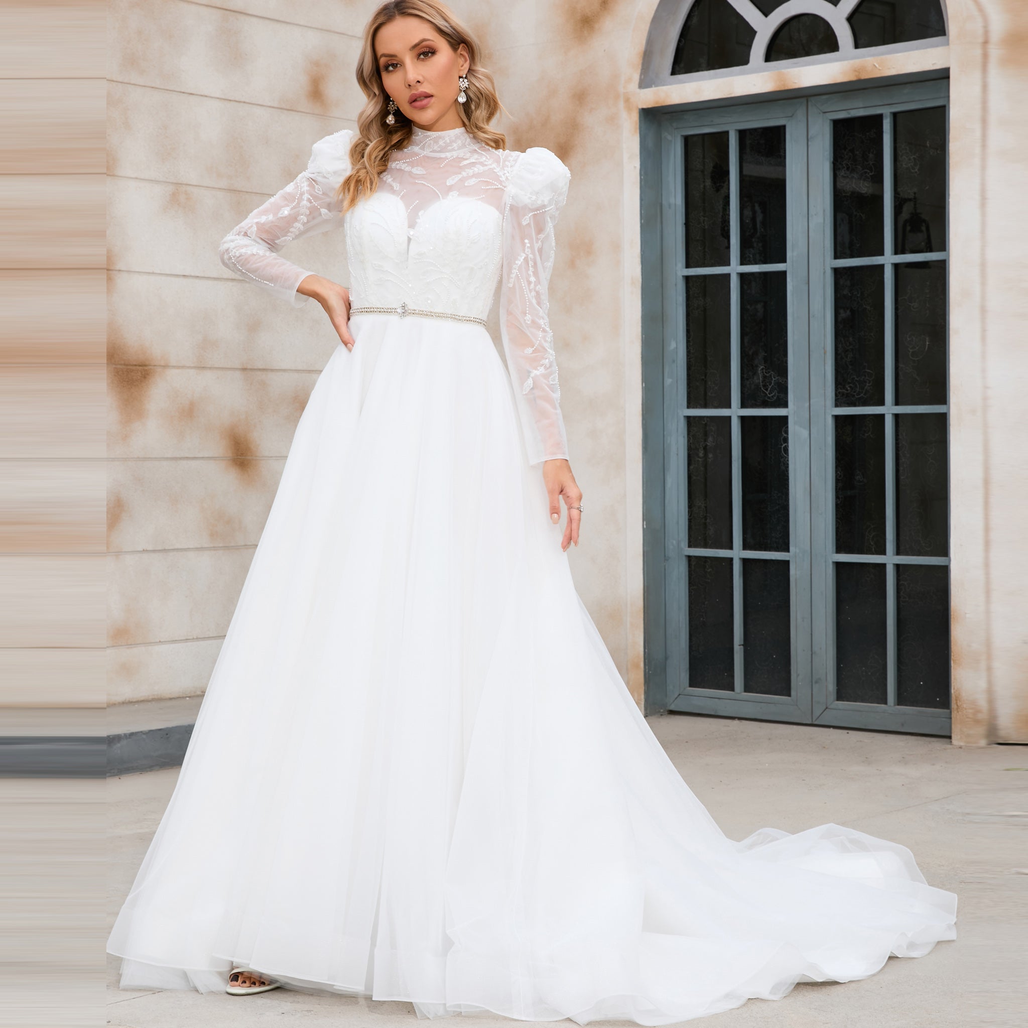 Puff Sleeve Wedding Dresses & Gowns with High Sheer Neck and Back Rosymae Puff Sleeve Wedding Dresses & Gowns with High Sheer Neck and Back Rosymae