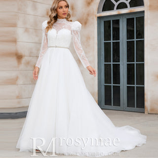 In Stock and Ready To Ship Puff Sleeve Wedding Dresses & Gowns with High Sheer Neck and Back