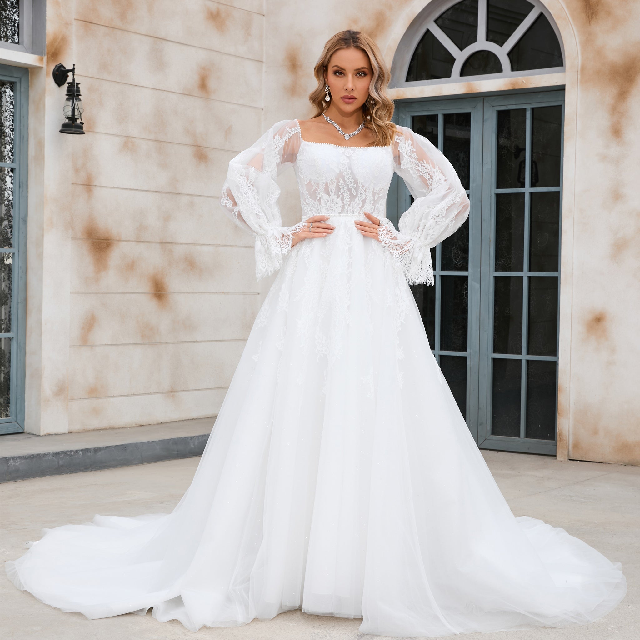 Off The Shoulder Puffy Long Sleeve Wedding Dress Bridal Gown White / 18W Off The Shoulder Puffy Long Sleeve Wedding Dress Bridal Gown White / 18W