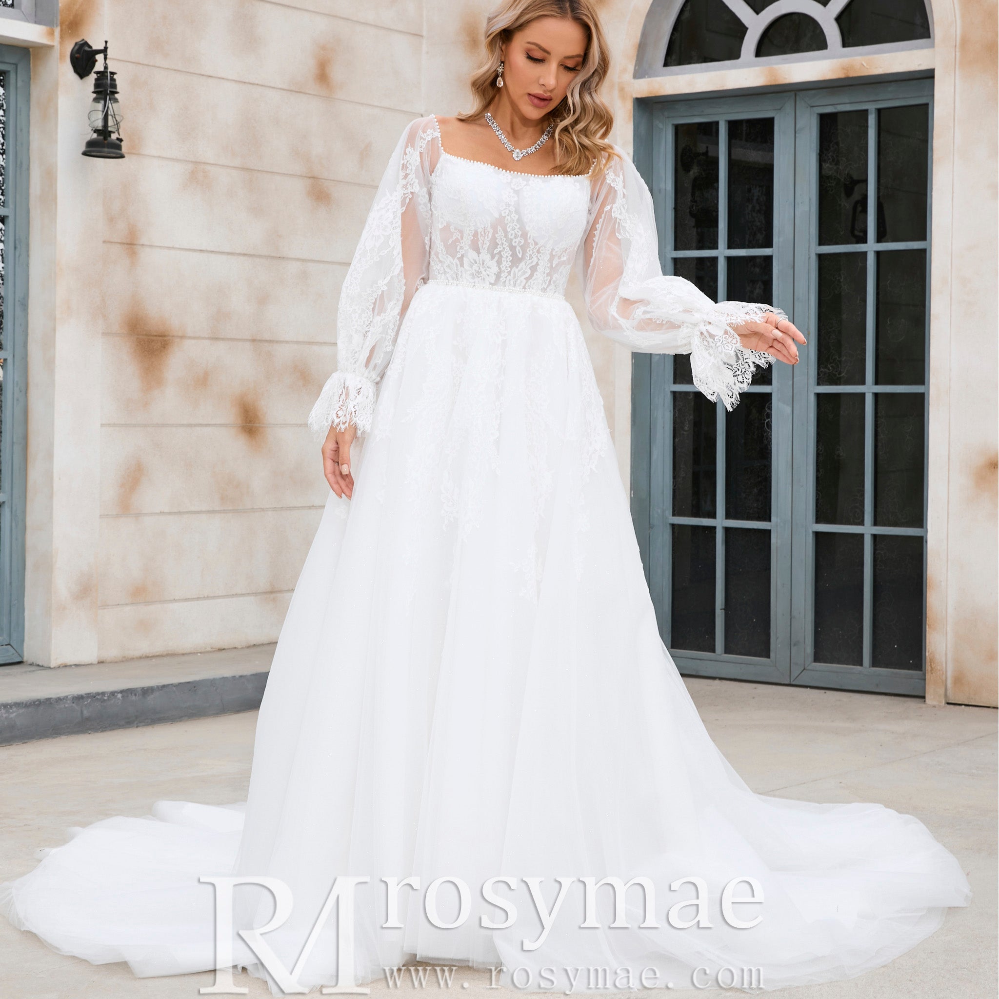 Off The Shoulder Puffy Long Sleeve Wedding Dress Bridal Gown Ivory / 30W Off The Shoulder Puffy Long Sleeve Wedding Dress Bridal Gown Ivory / 30W
