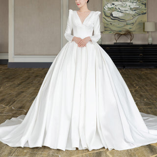 Puffy Long Sleeve A-line Bridal Wedding Dress with Deep V-neck