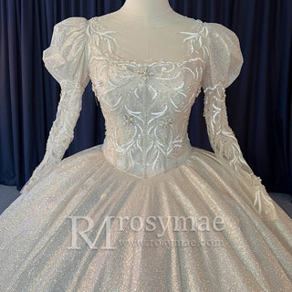 Puffy Long Sleeves Wedding Dresses Sheer Back Bridal Gowns - Rosymae