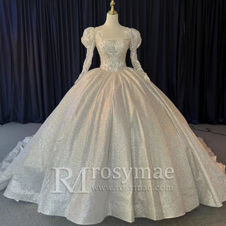 Puffy Long Sleeves Wedding Dresses Sheer Back Bridal Gowns - Rosymae