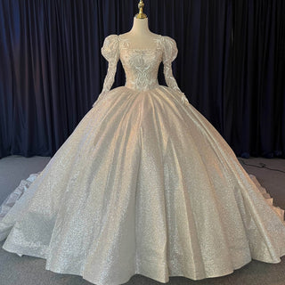 Puffy Long Sleeves Wedding Dresses Sheer Back Bridal Gowns - Rosymae