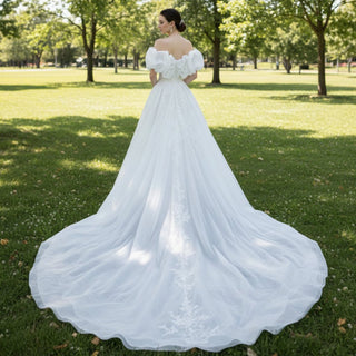 Puffy Off Shoulder A-line Wedding Dress with Leg Slit - Rosymae