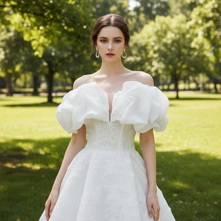 Puffy Off Shoulder A-line Wedding Dress with Leg Slit - Rosymae