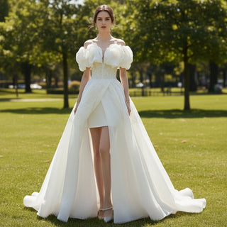Puffy Off Shoulder A-line Wedding Dress with Leg Slit - Rosymae