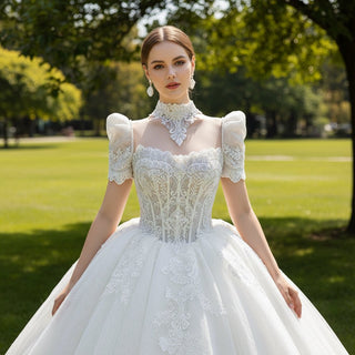 Puffy Short Sleeve Ball Gown Wedding Dress with O-neck - Rosymae