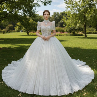Puffy Short Sleeve Ball Gown Wedding Dress with O-neck - Rosymae