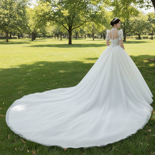 Puffy Short Sleeve Ball Gown Wedding Dress with O-neck - Rosymae