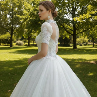 Puffy Short Sleeve Ball Gown Wedding Dress with O-neck - Rosymae