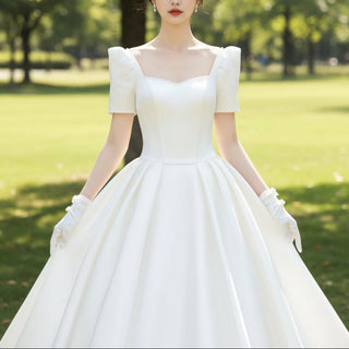 Puffy Short Sleeve Satin Wedding Dress with Queen-Anne Neckline - Rosymae