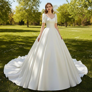 Puffy Short Sleeve Satin Wedding Dress with Queen-Anne Neckline - Rosymae