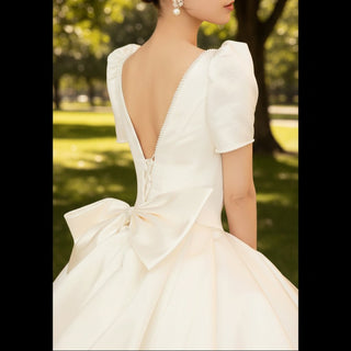 Puffy Short Sleeve Satin Wedding Dress with Queen-Anne Neckline - Rosymae