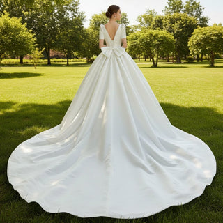 Puffy Short Sleeve Satin Wedding Dress with Queen-Anne Neckline - Rosymae