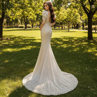 Puffy Short Sleeve Sparkly Evening Dresses Party Gowns - Rosymae