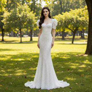 Puffy Short Sleeve Sparkly Evening Dresses Party Gowns - Rosymae