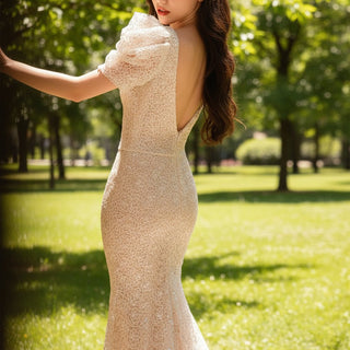 Puffy Short Sleeve Sparkly Evening Dresses Party Gowns - Rosymae