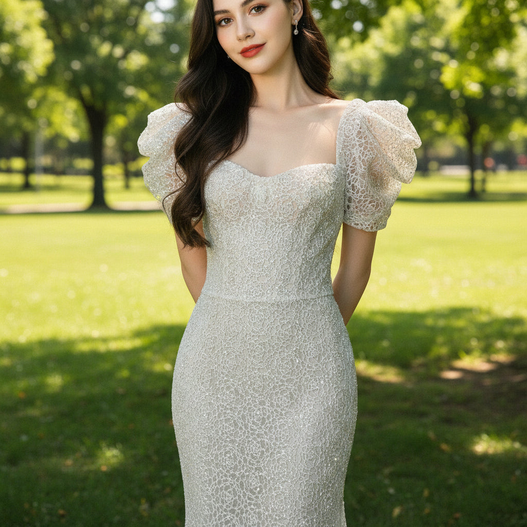 Puffy Short Sleeve Sparkly Evening Dresses Party Gowns Silver / 18 Puffy Short Sleeve Sparkly Evening Dresses Party Gowns Silver / 18