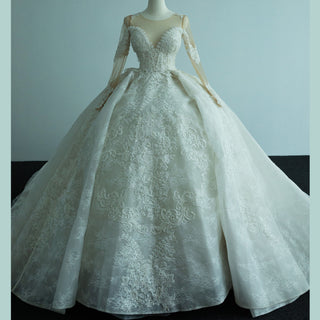 Luxury Long Sleeve Puff Ballgown Wedding Dress with Big train