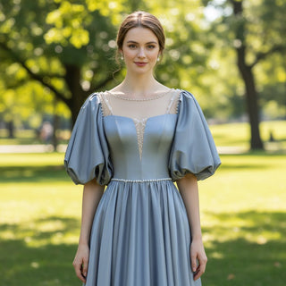 Puffy Sleeve Baby Blue Formal Dress Prom Party Gown with Pearls - Rosymae