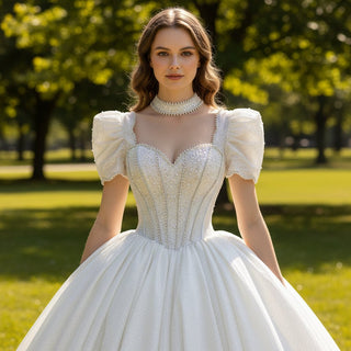 Queen-ann Neck Ball Gown Wedding Dress with Short Sleeve - Rosymae