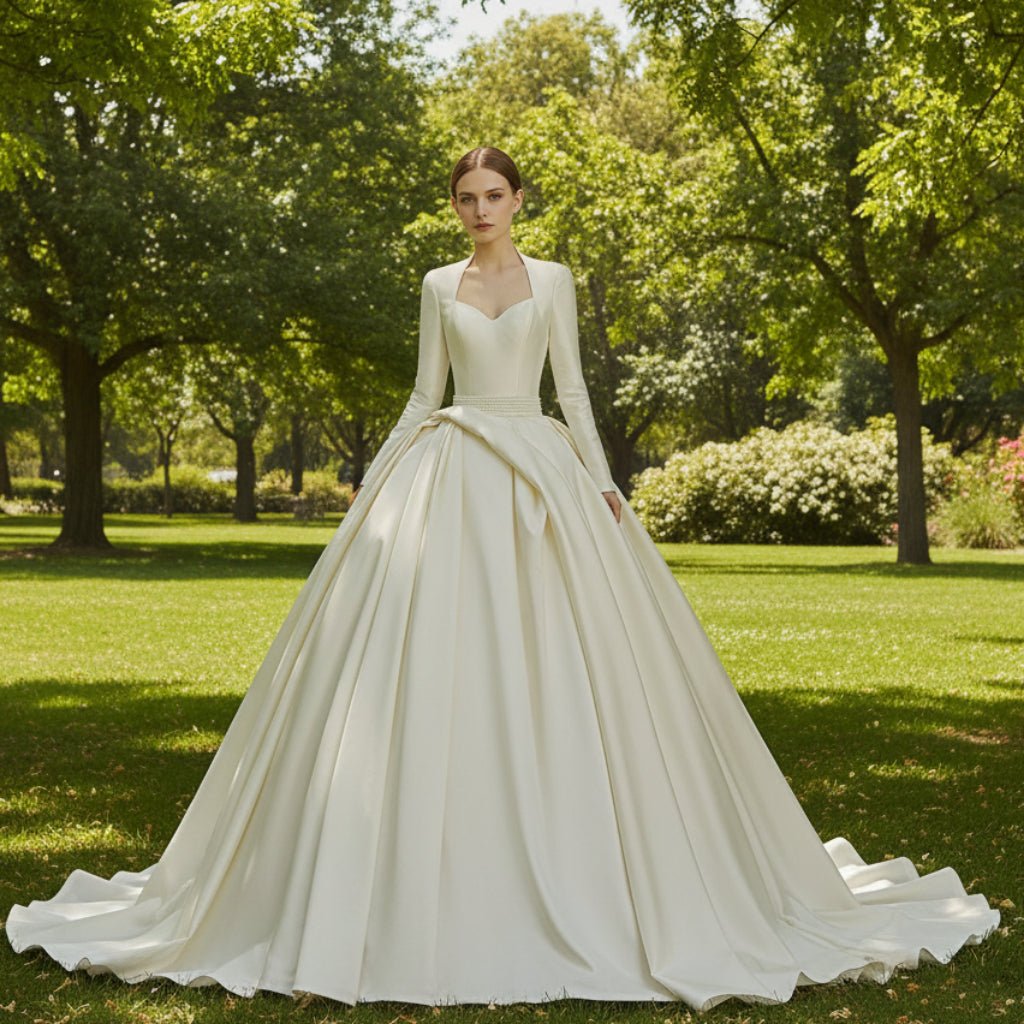 Queen-ann Neck Long Sleeve Wedding Dress with High Back