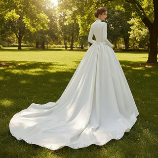 Queen-ann Neck Long Sleeve Wedding Dress with High Back - Rosymae