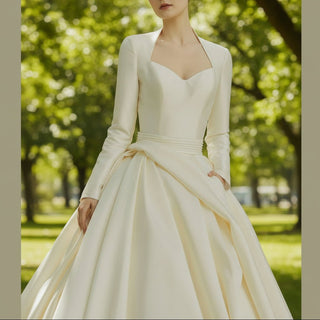 Queen-ann Neck Long Sleeve Wedding Dress with High Back - Rosymae