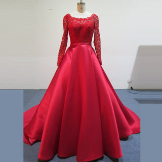 Long Sleeve Low Back A-line Satin Red Wedding Dresses