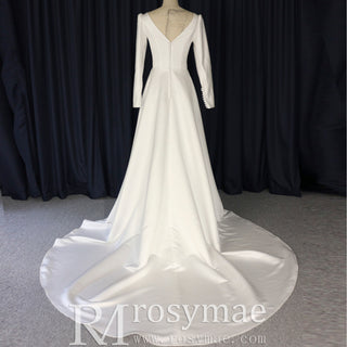 Simple and Sleek A-line Satin Wedding Dress with Long Sleeves