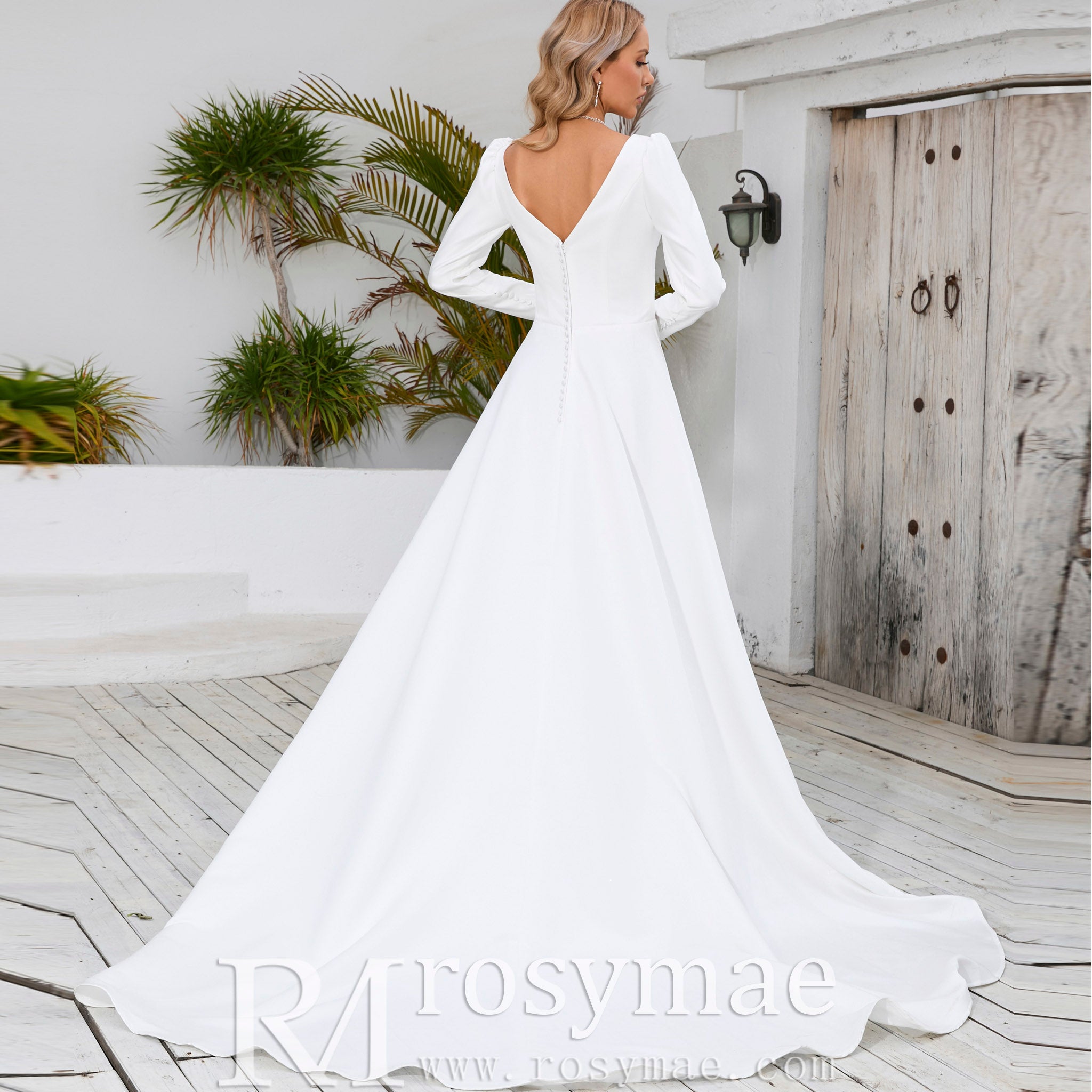 Simple and Sleek A-Line Satin Wedding Dress with Long Sleeves White / 18w Simple and Sleek A-Line Satin Wedding Dress with Long Sleeves White / 18w