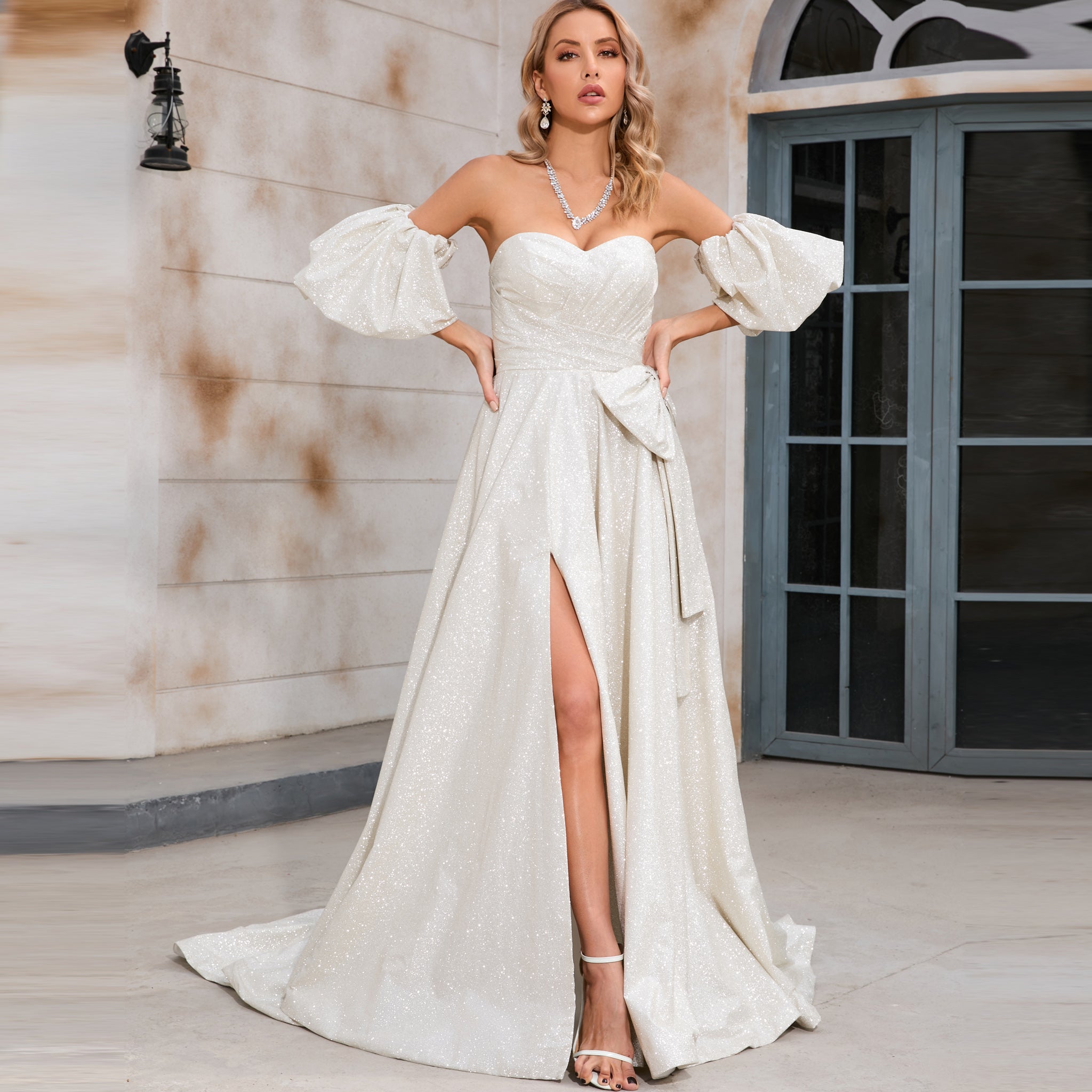 A-Line Wedding Dress with Sweetheart Neckline and Detachable Sleeves Light Champagne / 16W A-Line Wedding Dress with Sweetheart Neckline and Detachable Sleeves Light Champagne / 16W