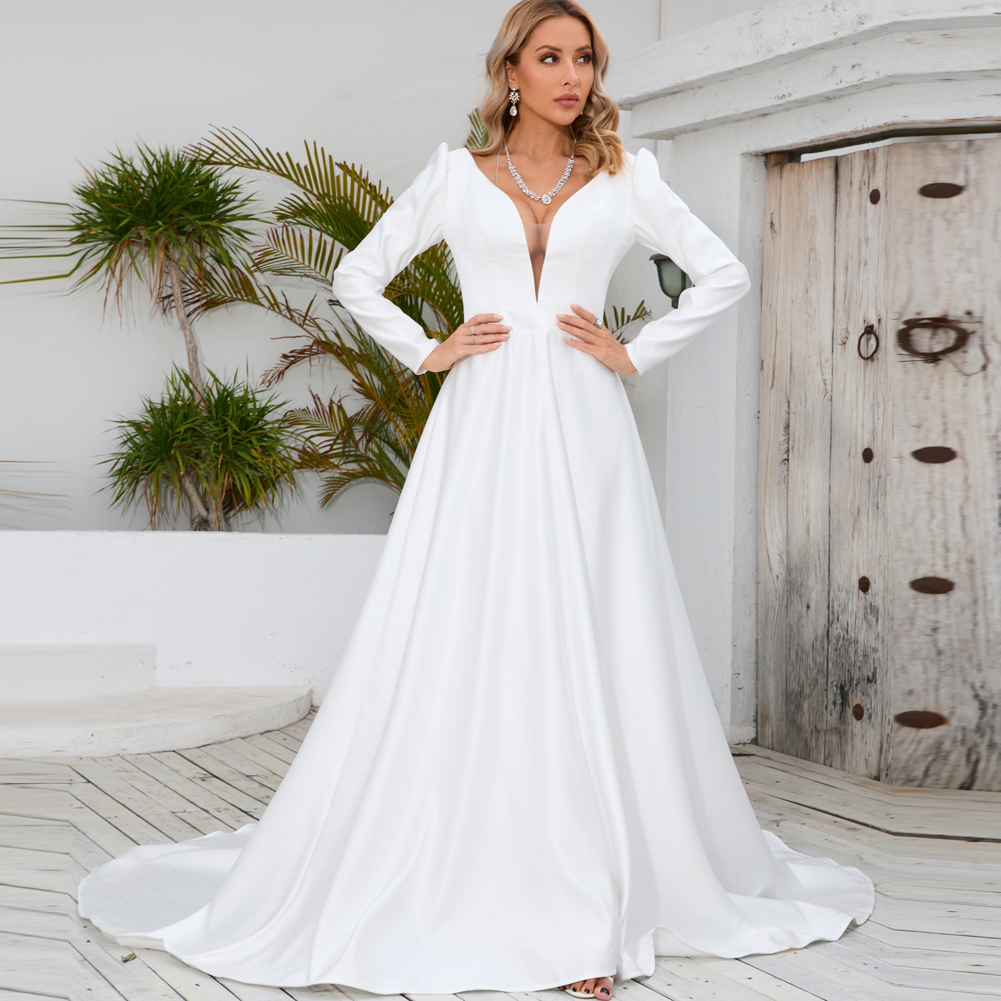 Simple and Sleek A-Line Satin Wedding Dress with Long Sleeves White / 18w Simple and Sleek A-Line Satin Wedding Dress with Long Sleeves White / 18w