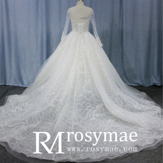 Romantic Ball Gown Wedding Dress with Sheer Long Sleeves - Rosymae