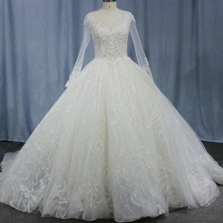 Romantic Ball Gown Wedding Dress with Sheer Long Sleeves - Rosymae