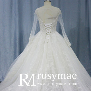 Romantic Ball Gown Wedding Dress with Sheer Long Sleeves - Rosymae