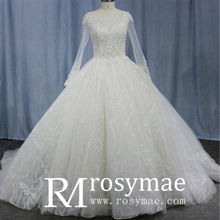 Romantic Ball Gown Wedding Dress with Sheer Long Sleeves - Rosymae